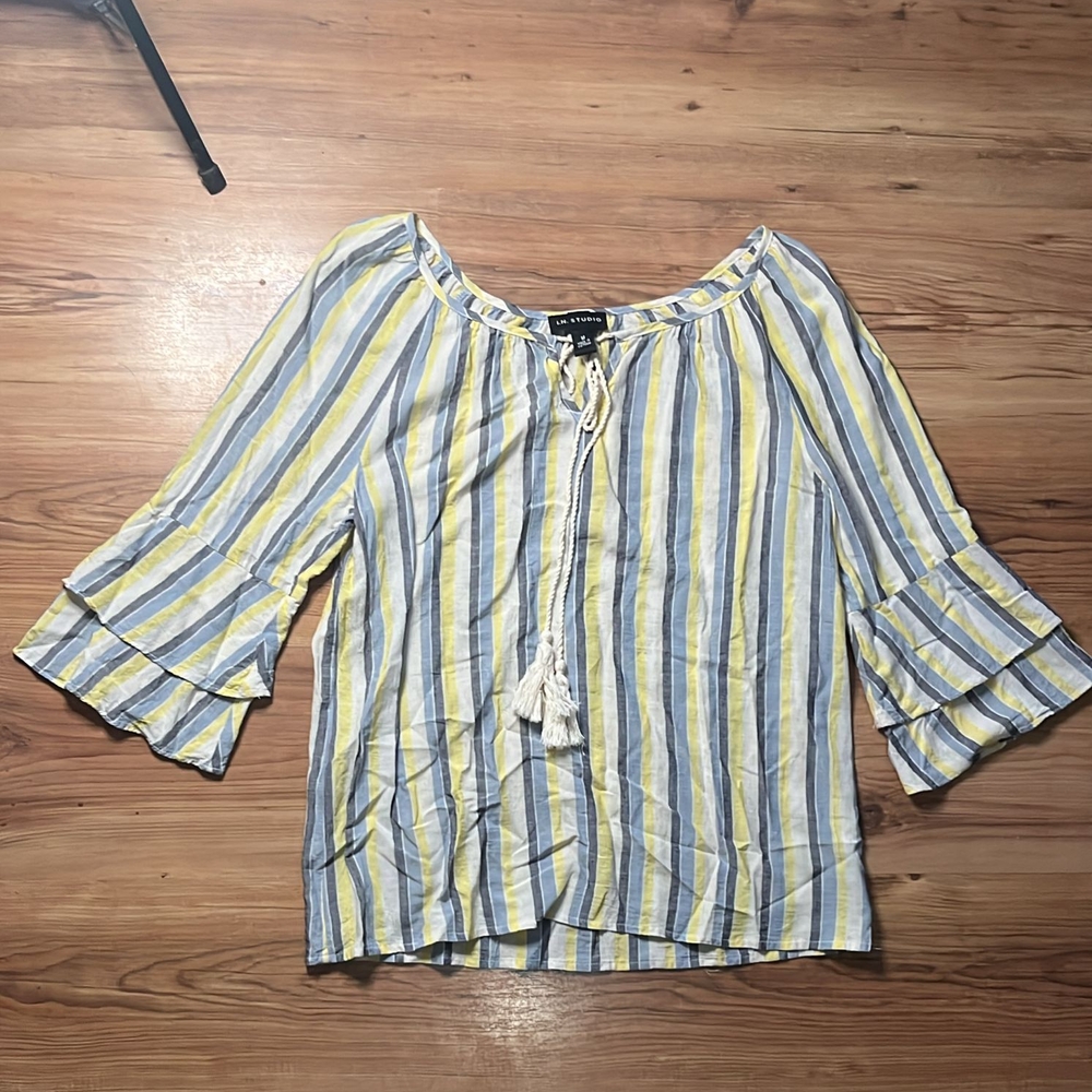 I.N. Studio Blue and White Bell Sleeve Blouse with Tie Front